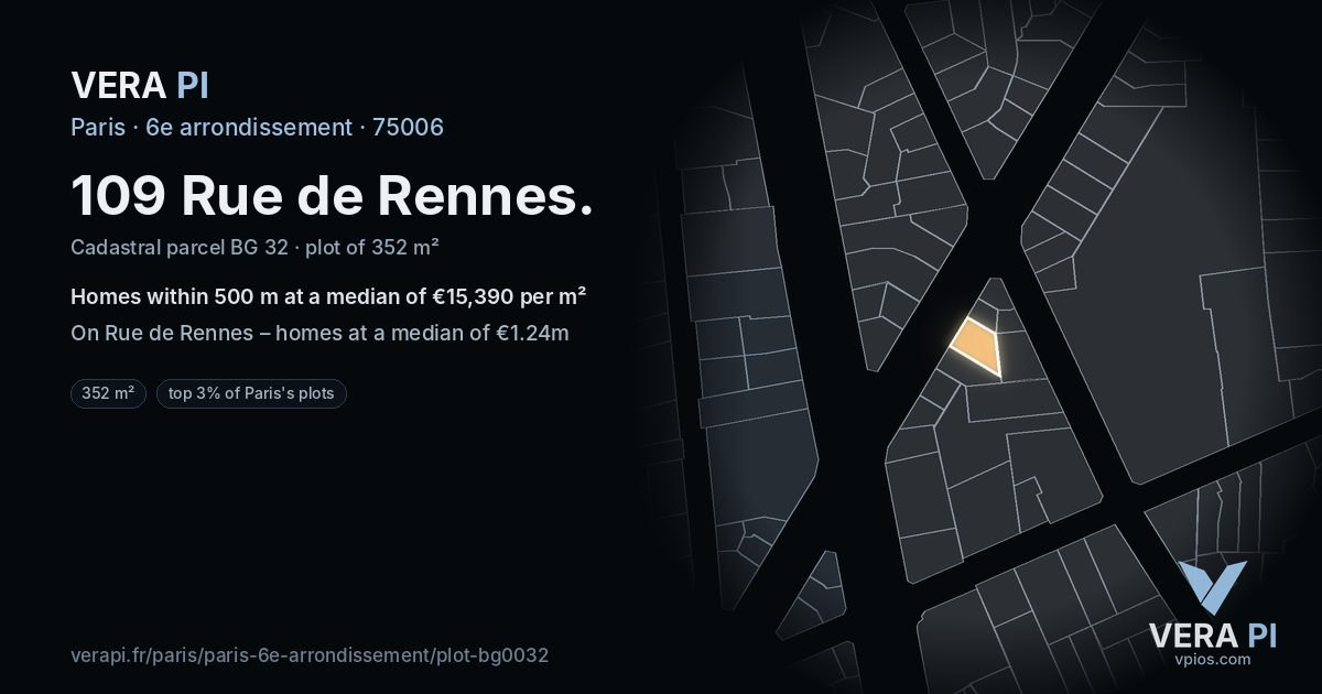 109 Rue de Rennes, 6e arrondissement at night – the plot lit, the parcels around coloured by the prices near them