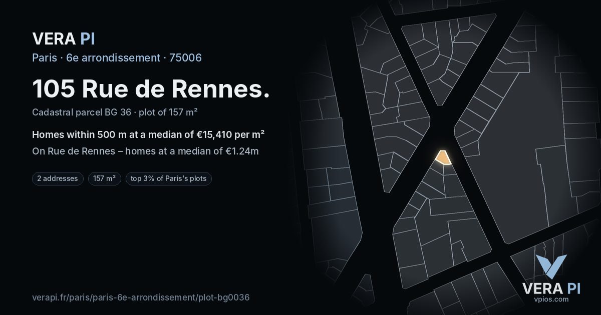 105 Rue de Rennes, 6e arrondissement at night – the plot lit, the parcels around coloured by the prices near them