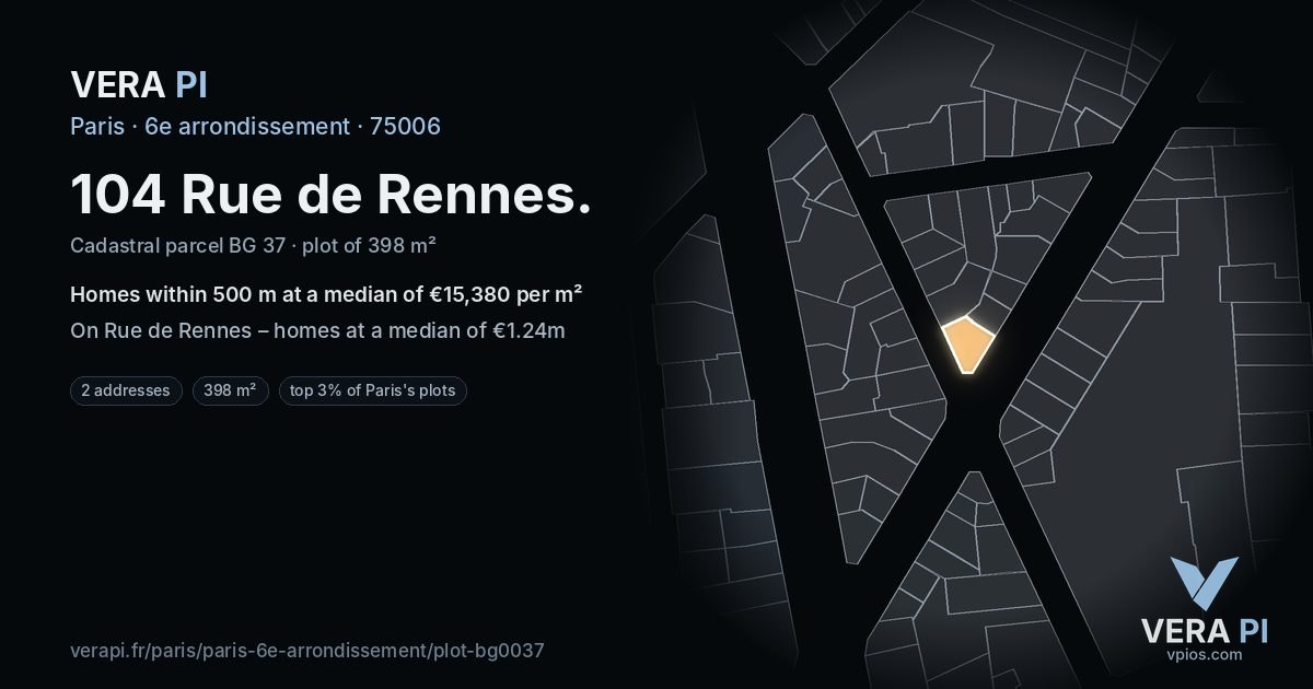 104 Rue de Rennes, 6e arrondissement at night – the plot lit, the parcels around coloured by the prices near them
