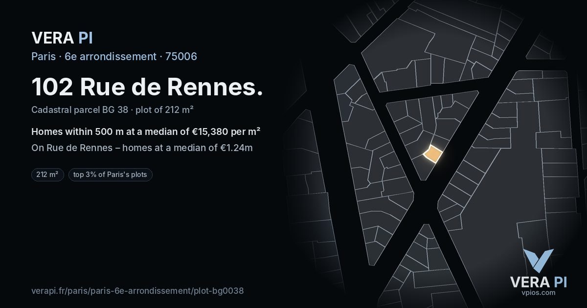 102 Rue de Rennes, 6e arrondissement at night – the plot lit, the parcels around coloured by the prices near them
