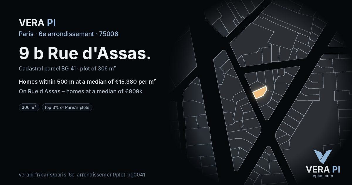 9 b Rue d'Assas, 6e arrondissement at night – the plot lit, the parcels around coloured by the prices near them