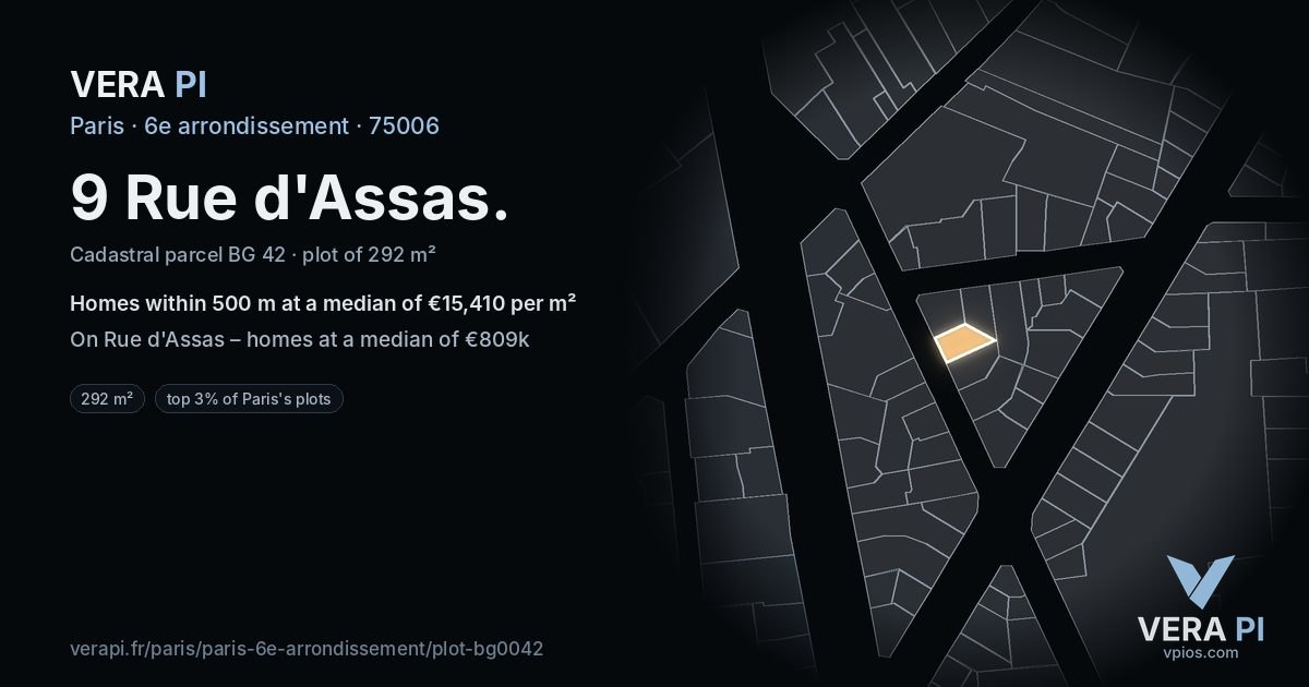 9 Rue d'Assas, 6e arrondissement at night – the plot lit, the parcels around coloured by the prices near them