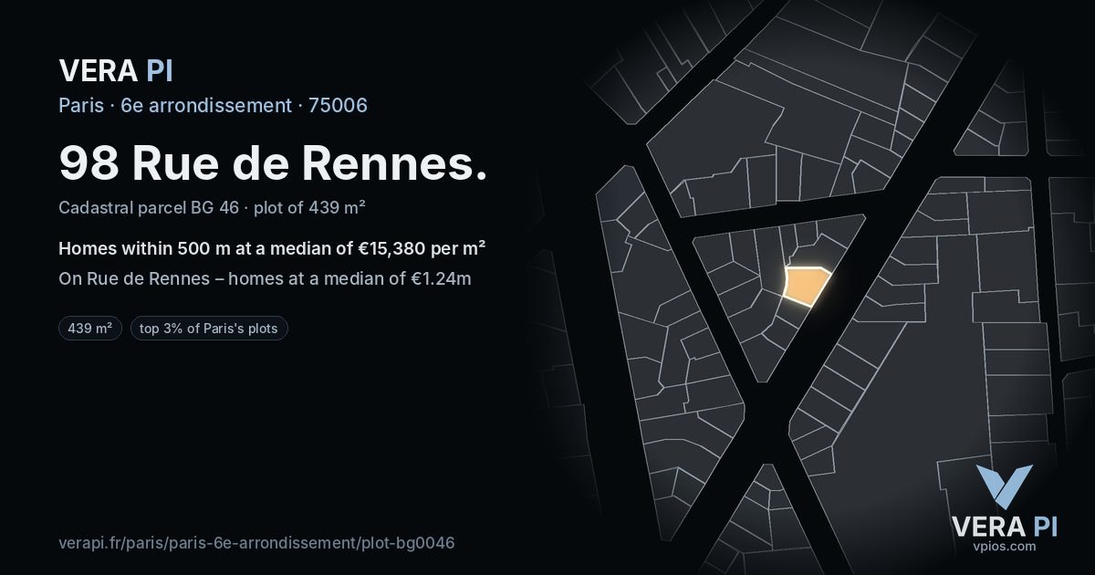 98 Rue de Rennes, 6e arrondissement at night – the plot lit, the parcels around coloured by the prices near them
