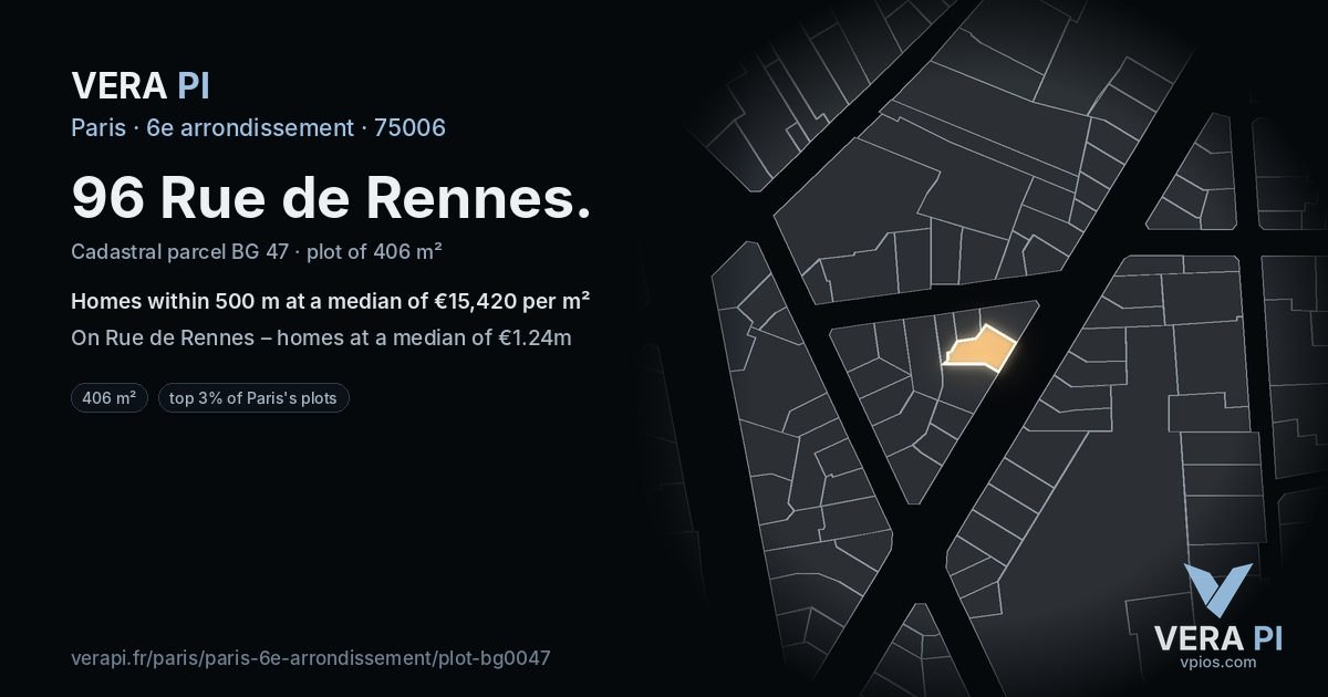 96 Rue de Rennes, 6e arrondissement at night – the plot lit, the parcels around coloured by the prices near them