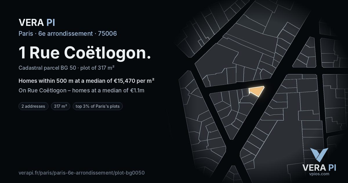 1 Rue Coëtlogon, 6e arrondissement at night – the plot lit, the parcels around coloured by the prices near them