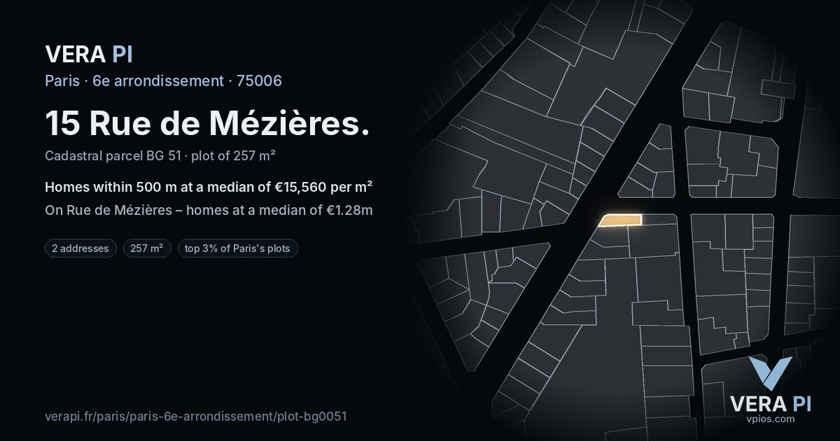 15 Rue de Mézières, 6e arrondissement at night – the plot lit, the parcels around coloured by the prices near them