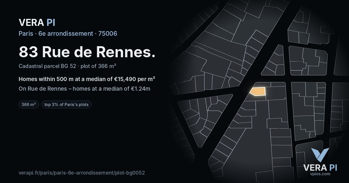 83 Rue de Rennes, 6e arrondissement at night – the plot lit, the parcels around coloured by the prices near them