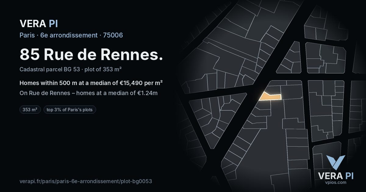 85 Rue de Rennes, 6e arrondissement at night – the plot lit, the parcels around coloured by the prices near them