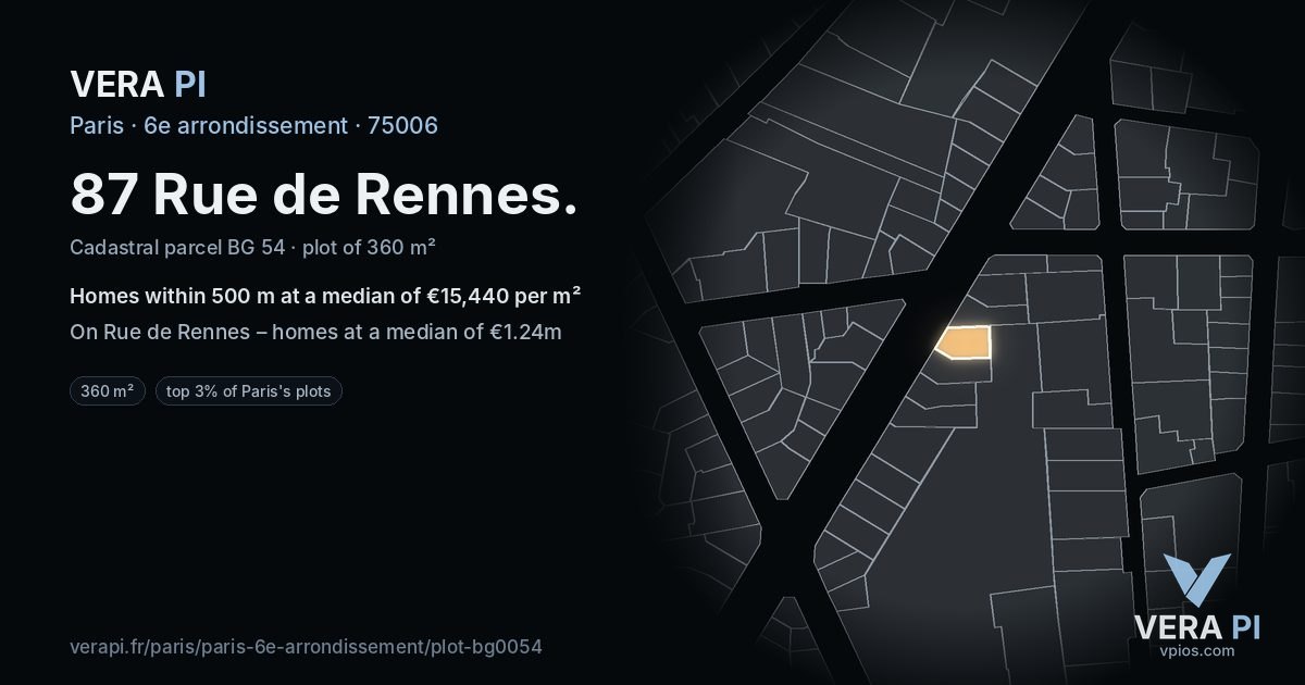 87 Rue de Rennes, 6e arrondissement at night – the plot lit, the parcels around coloured by the prices near them
