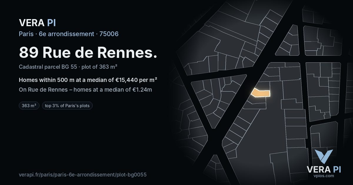 89 Rue de Rennes, 6e arrondissement at night – the plot lit, the parcels around coloured by the prices near them