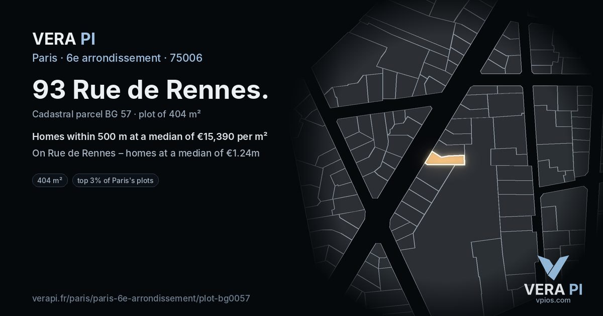 93 Rue de Rennes, 6e arrondissement at night – the plot lit, the parcels around coloured by the prices near them