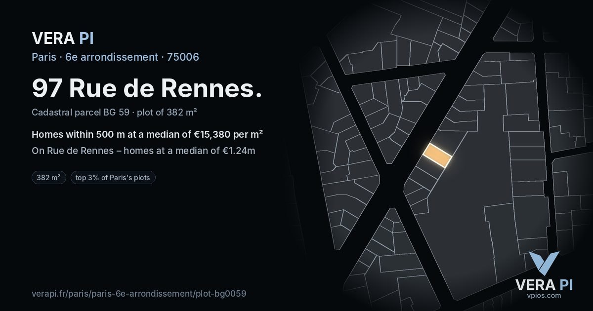 97 Rue de Rennes, 6e arrondissement at night – the plot lit, the parcels around coloured by the prices near them