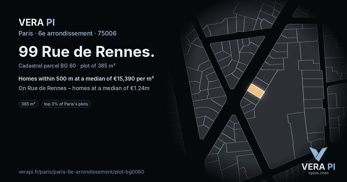 99 Rue de Rennes, 6e arrondissement at night – the plot lit, the parcels around coloured by the prices near them