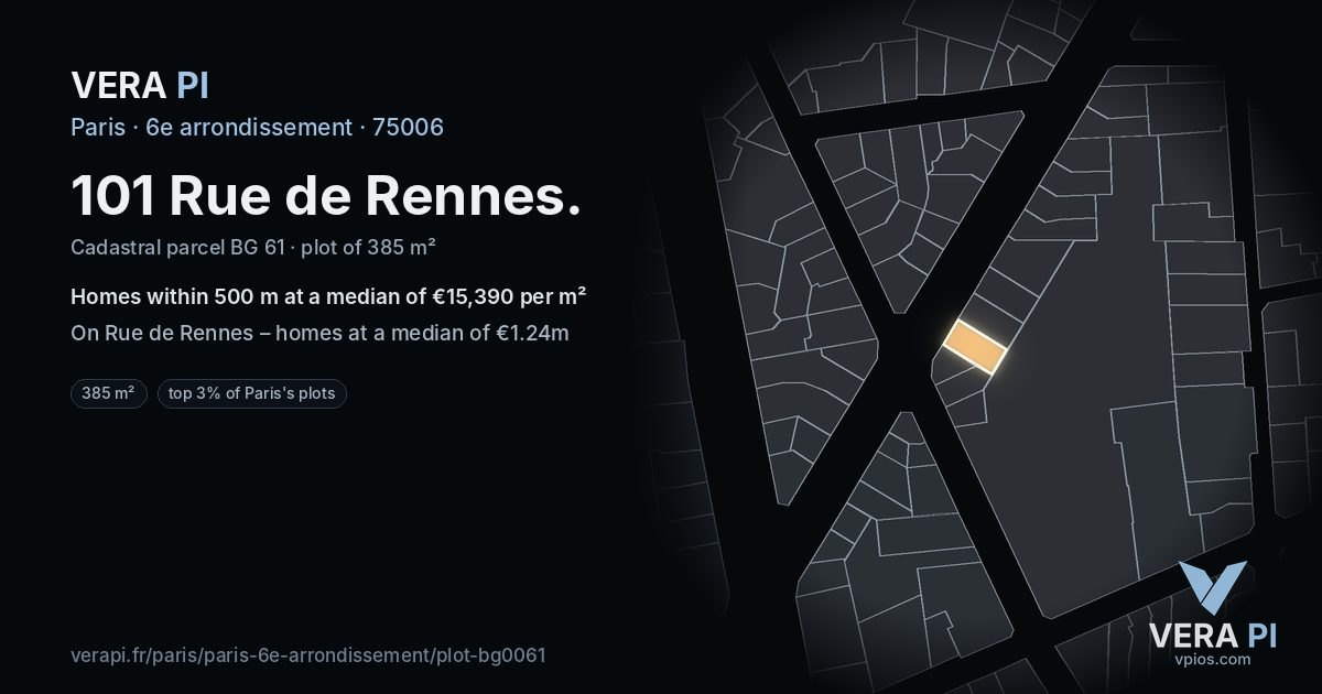 101 Rue de Rennes, 6e arrondissement at night – the plot lit, the parcels around coloured by the prices near them