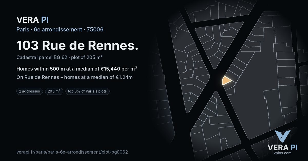 103 Rue de Rennes, 6e arrondissement at night – the plot lit, the parcels around coloured by the prices near them