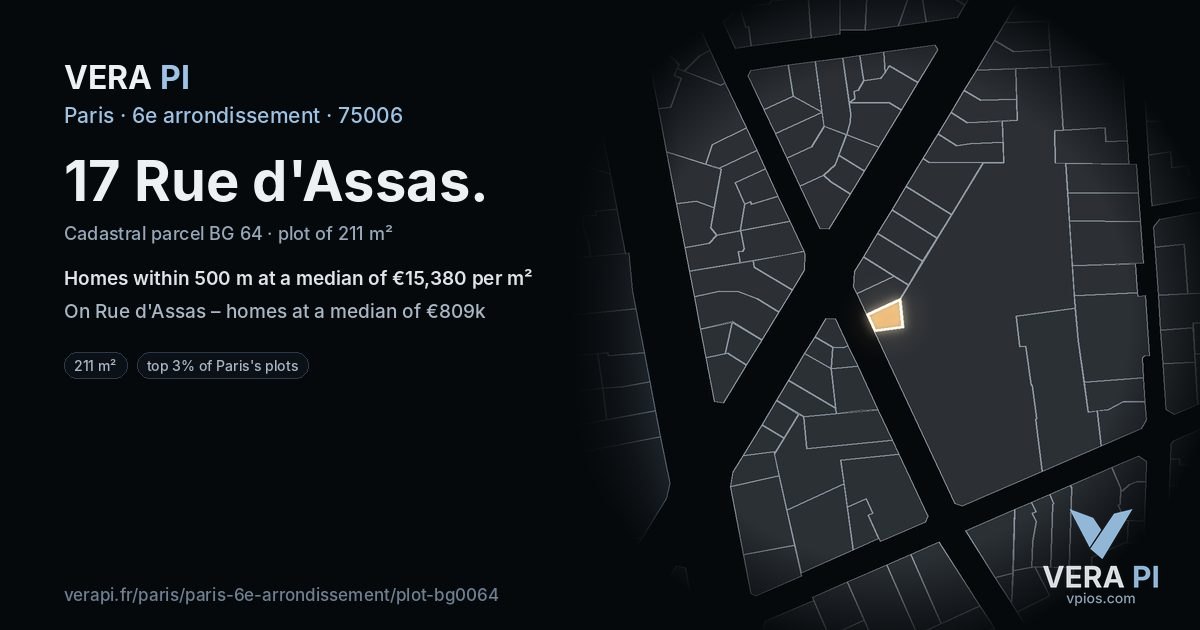 17 Rue d'Assas, 6e arrondissement at night – the plot lit, the parcels around coloured by the prices near them