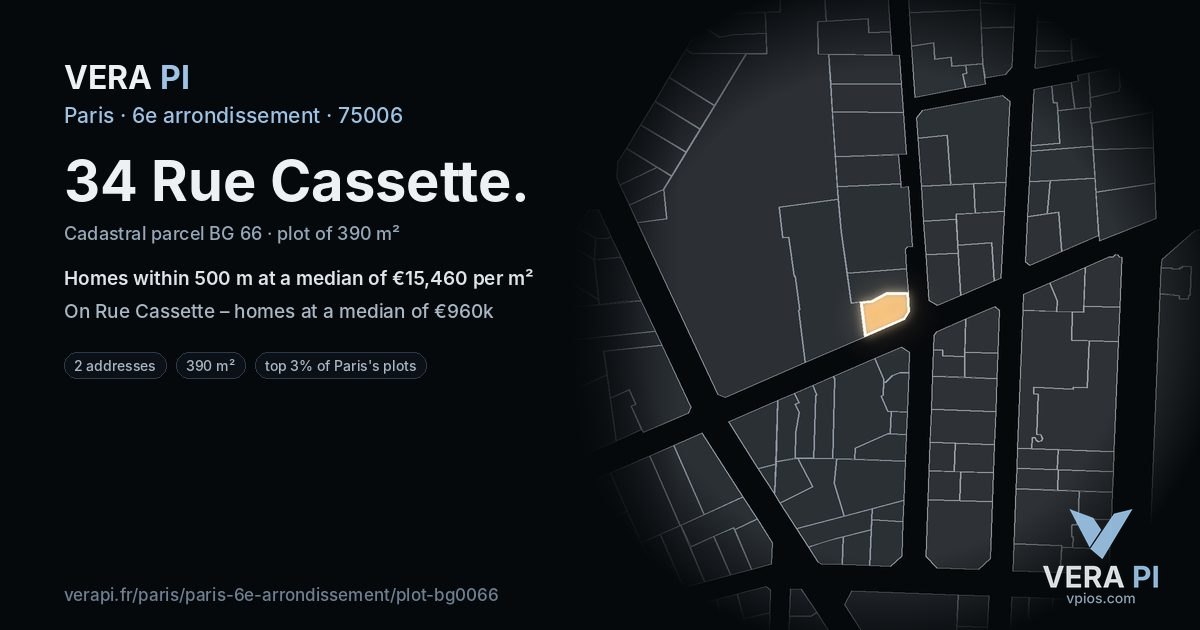 34 Rue Cassette, 6e arrondissement at night – the plot lit, the parcels around coloured by the prices near them