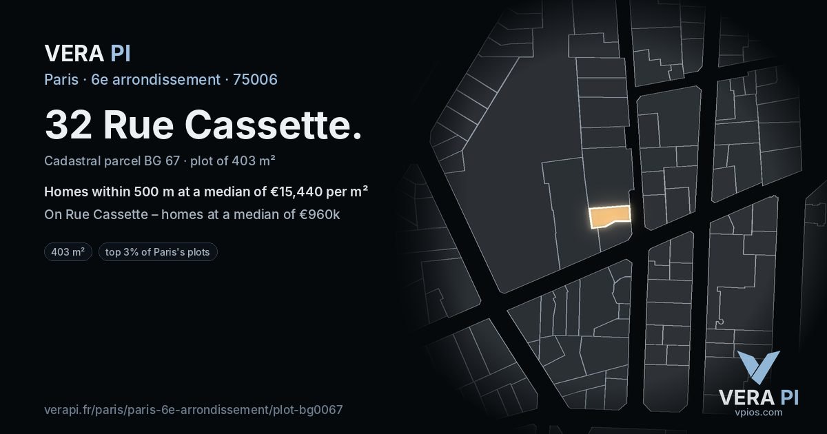 32 Rue Cassette, 6e arrondissement at night – the plot lit, the parcels around coloured by the prices near them