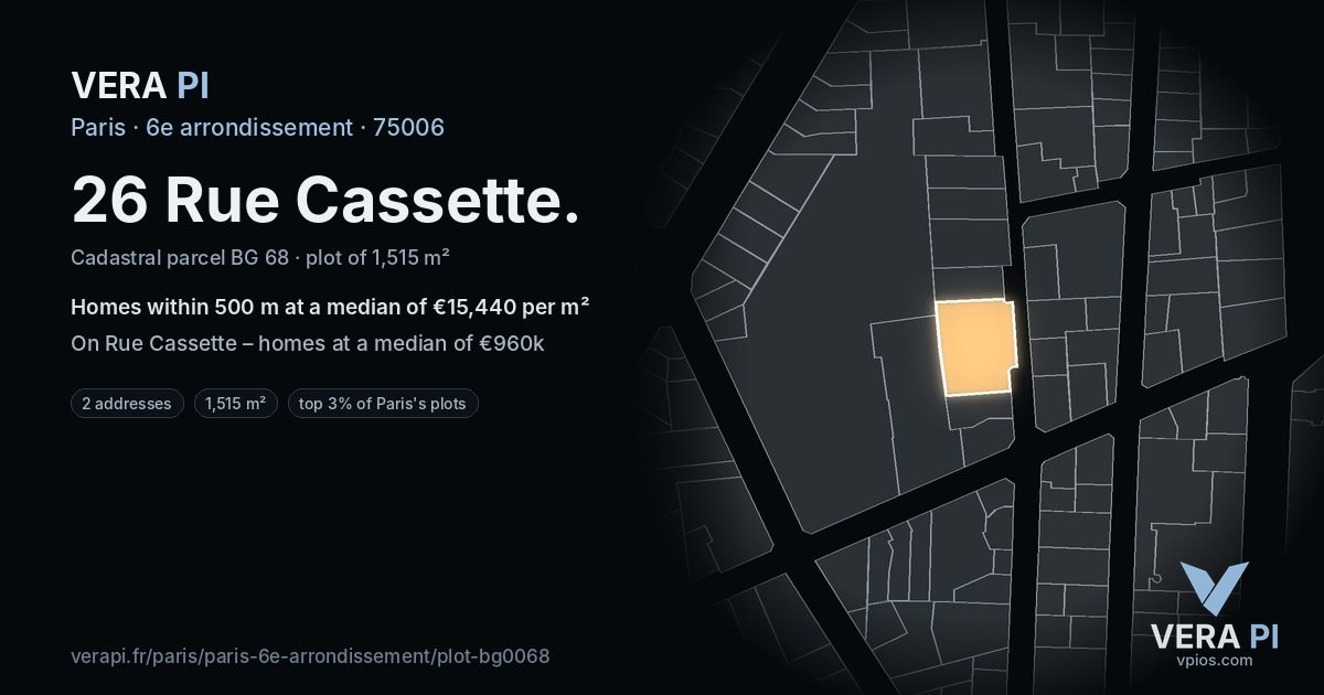 26 Rue Cassette, 6e arrondissement at night – the plot lit, the parcels around coloured by the prices near them