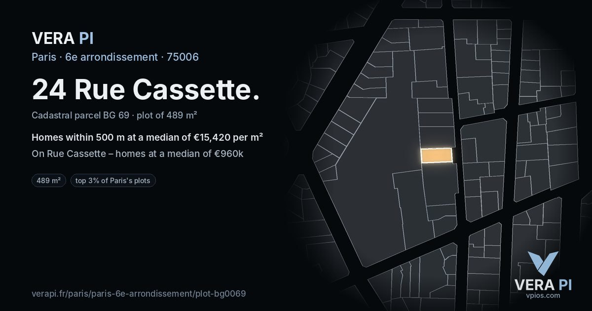 24 Rue Cassette, 6e arrondissement at night – the plot lit, the parcels around coloured by the prices near them