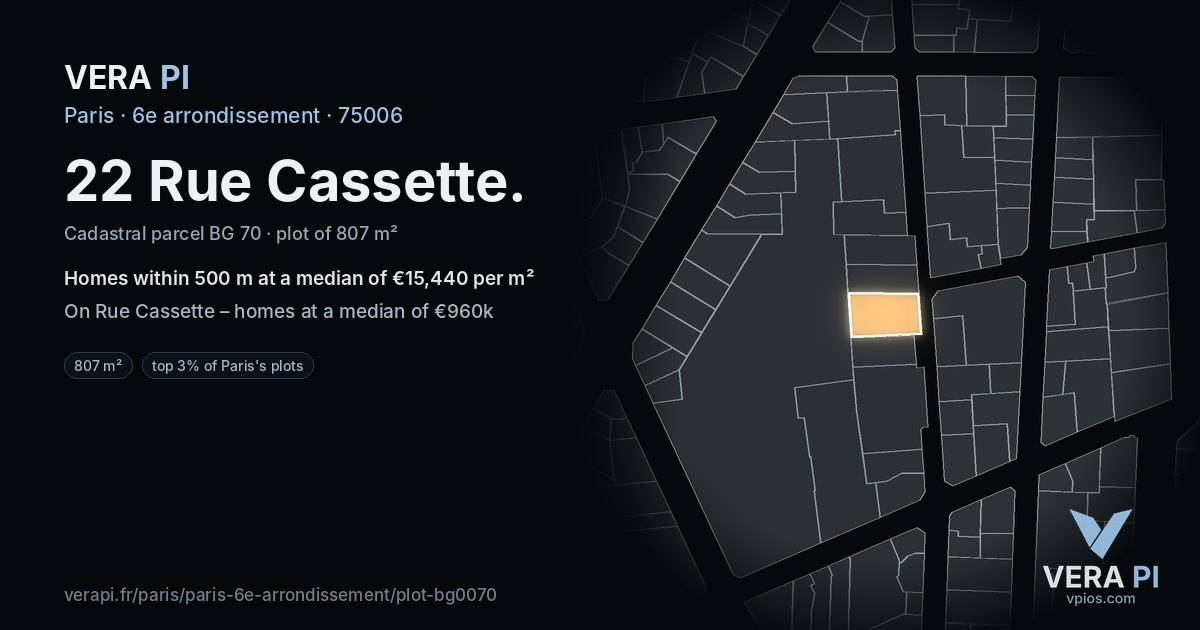 22 Rue Cassette, 6e arrondissement at night – the plot lit, the parcels around coloured by the prices near them