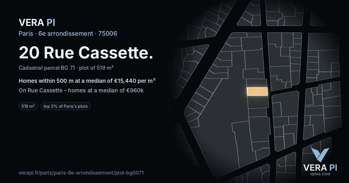 20 Rue Cassette, 6e arrondissement at night – the plot lit, the parcels around coloured by the prices near them