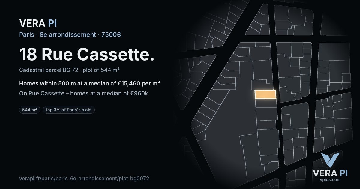 18 Rue Cassette, 6e arrondissement at night – the plot lit, the parcels around coloured by the prices near them
