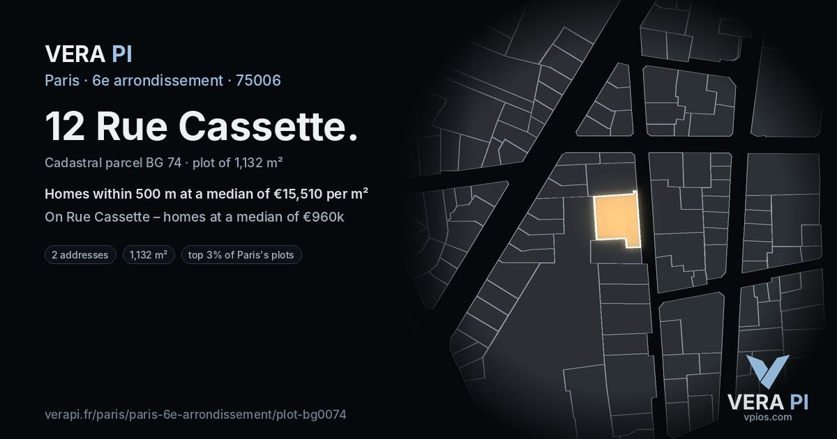 12 Rue Cassette, 6e arrondissement at night – the plot lit, the parcels around coloured by the prices near them