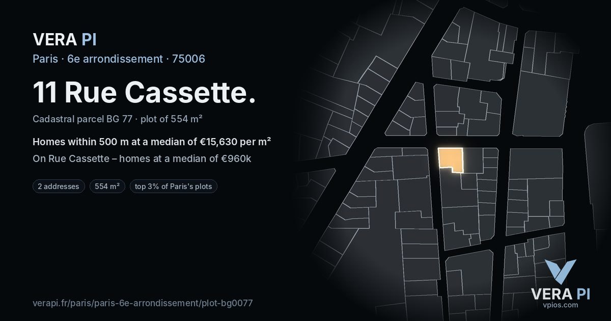 11 Rue Cassette, 6e arrondissement at night – the plot lit, the parcels around coloured by the prices near them