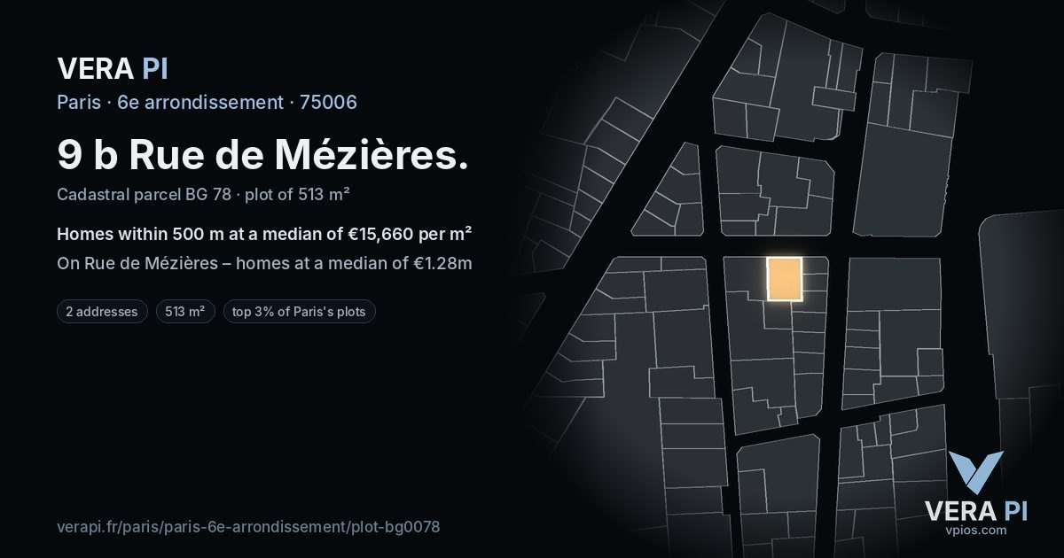 9 b Rue de Mézières, 6e arrondissement at night – the plot lit, the parcels around coloured by the prices near them
