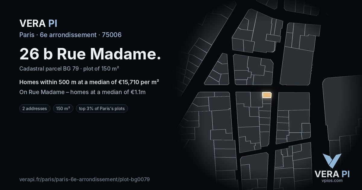 26 b Rue Madame, 6e arrondissement at night – the plot lit, the parcels around coloured by the prices near them