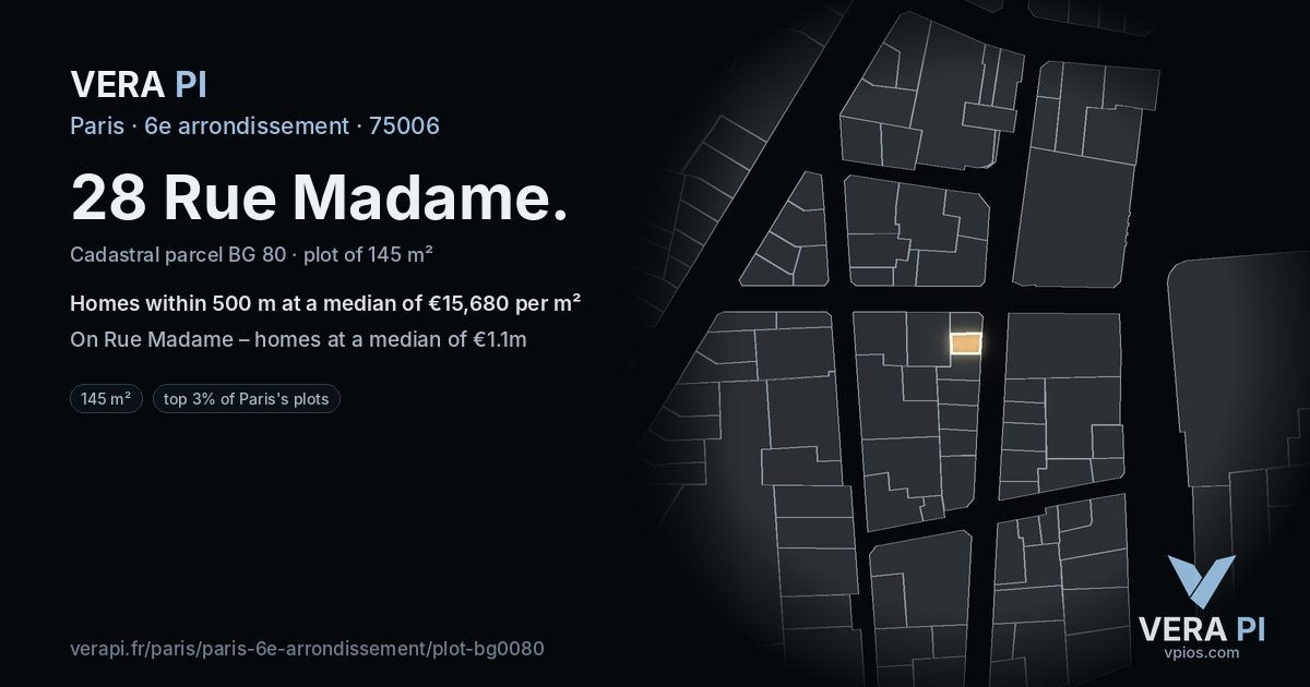 28 Rue Madame, 6e arrondissement at night – the plot lit, the parcels around coloured by the prices near them