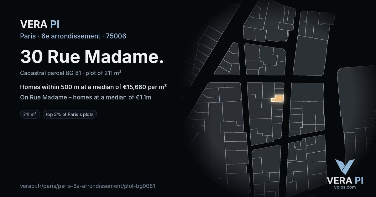 30 Rue Madame, 6e arrondissement at night – the plot lit, the parcels around coloured by the prices near them