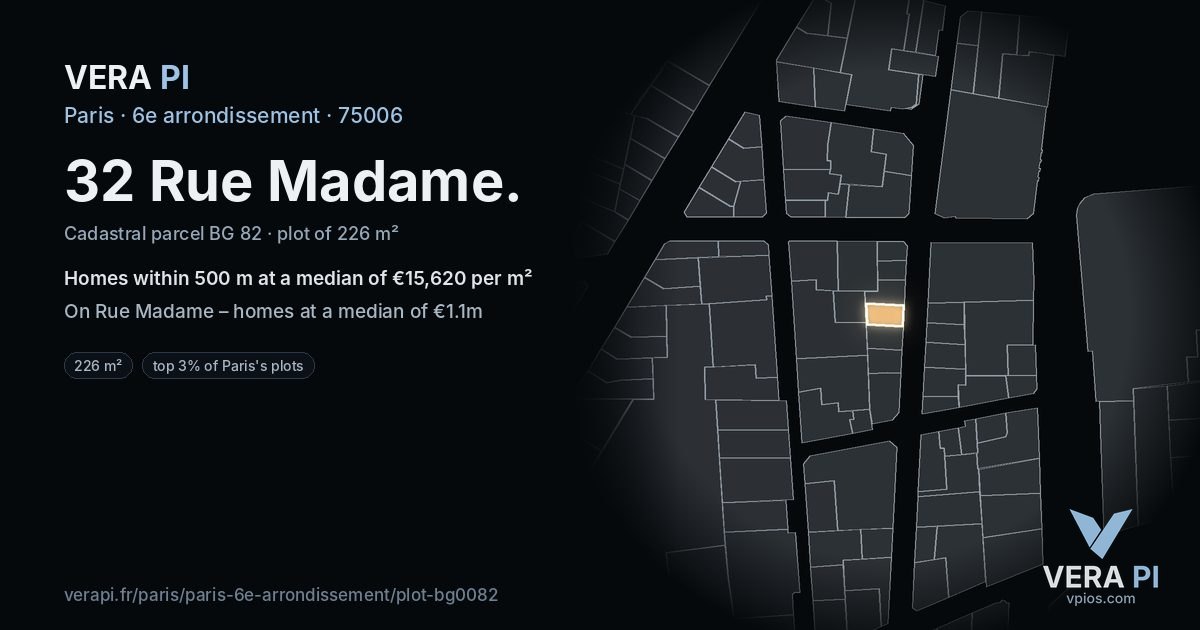 32 Rue Madame, 6e arrondissement at night – the plot lit, the parcels around coloured by the prices near them
