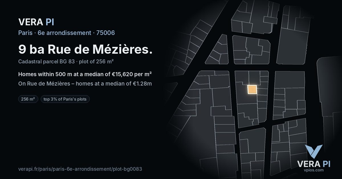 9 ba Rue de Mézières, 6e arrondissement at night – the plot lit, the parcels around coloured by the prices near them