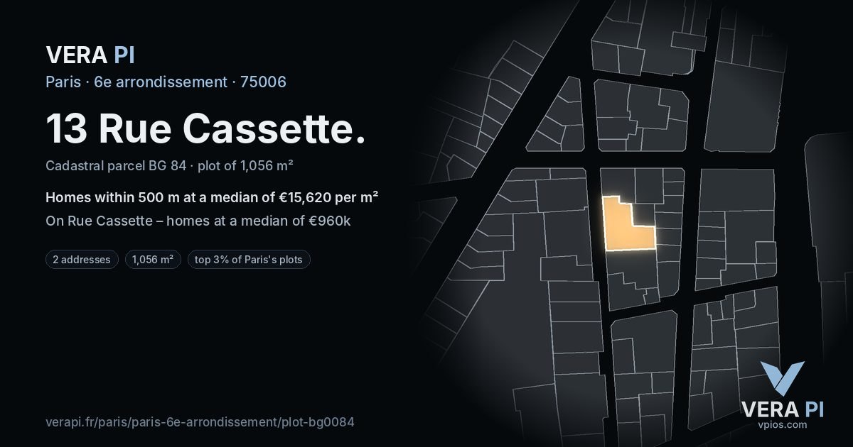 13 Rue Cassette, 6e arrondissement at night – the plot lit, the parcels around coloured by the prices near them