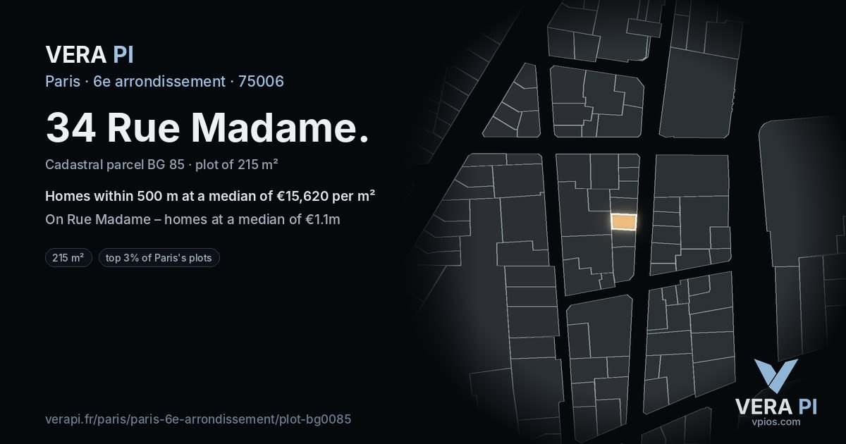 34 Rue Madame, 6e arrondissement at night – the plot lit, the parcels around coloured by the prices near them