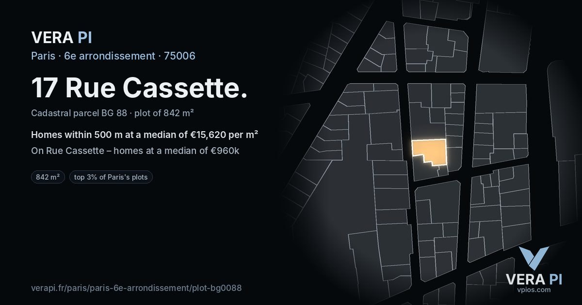 17 Rue Cassette, 6e arrondissement at night – the plot lit, the parcels around coloured by the prices near them