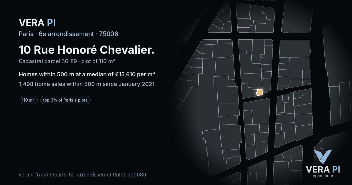 10 Rue Honoré Chevalier, 6e arrondissement at night – the plot lit, the parcels around coloured by the prices near them