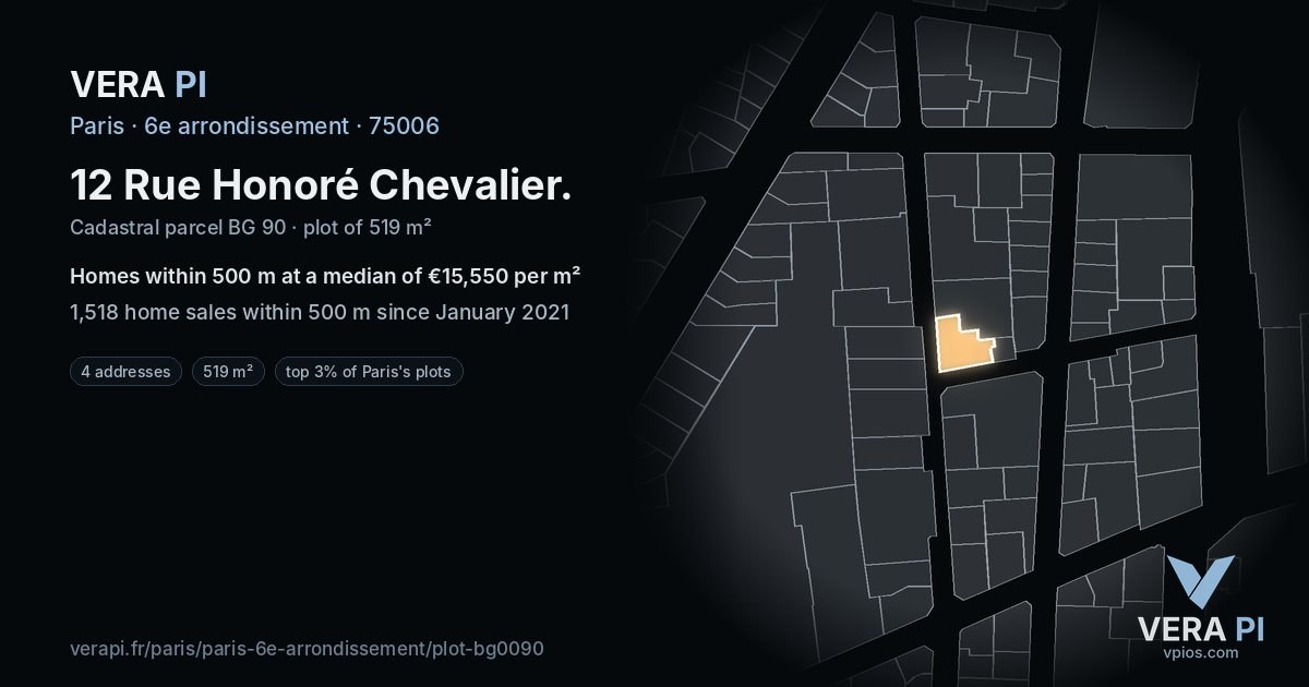 12 Rue Honoré Chevalier, 6e arrondissement at night – the plot lit, the parcels around coloured by the prices near them