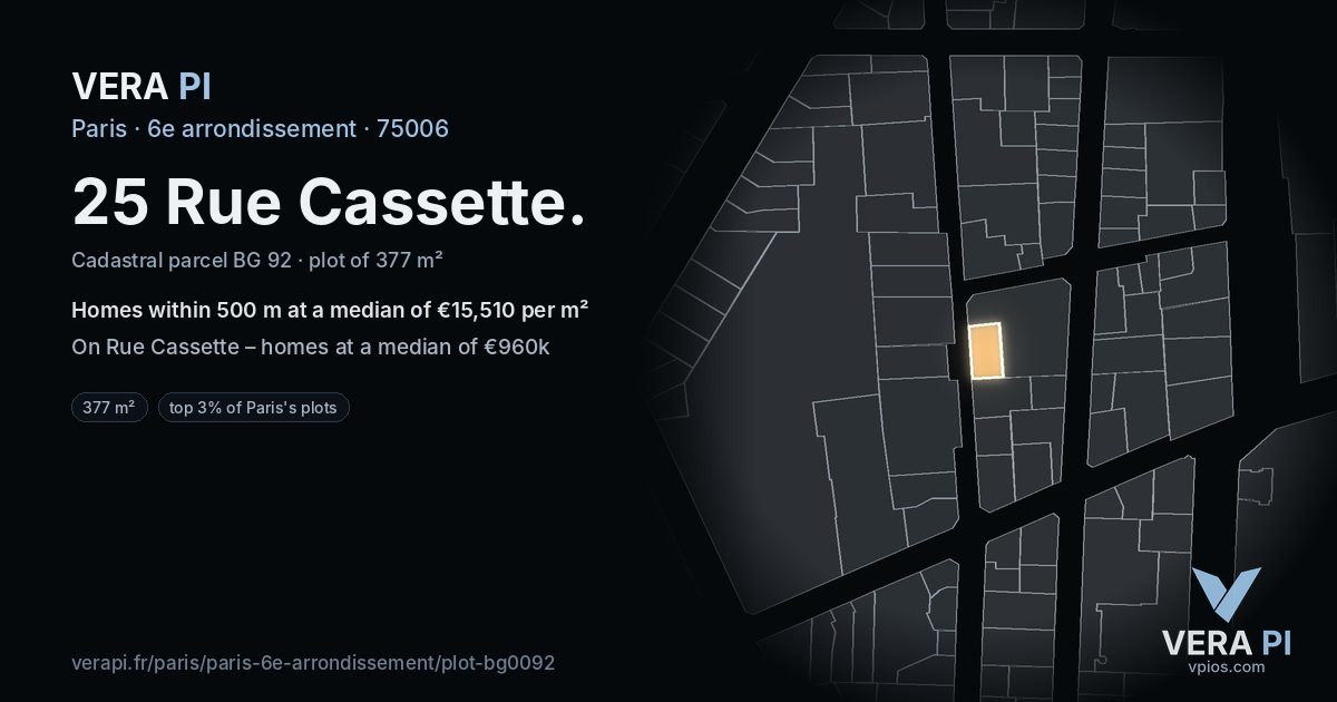 25 Rue Cassette, 6e arrondissement at night – the plot lit, the parcels around coloured by the prices near them