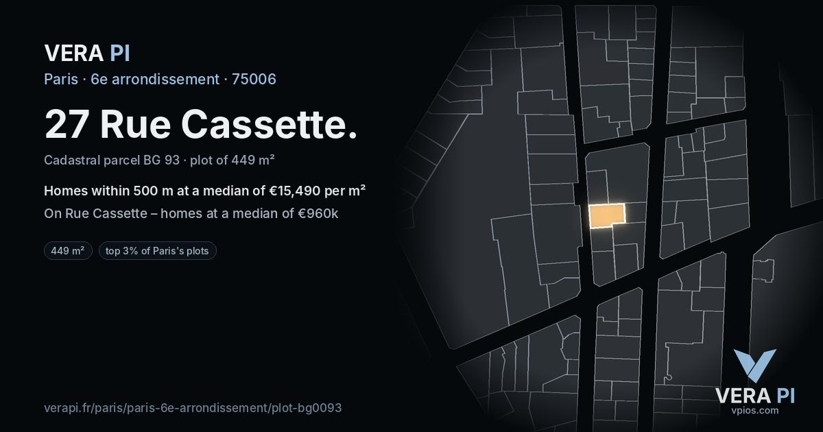 27 Rue Cassette, 6e arrondissement at night – the plot lit, the parcels around coloured by the prices near them