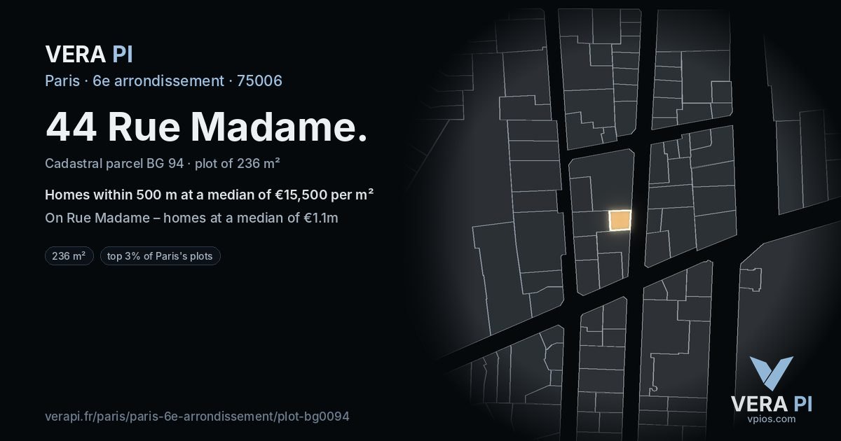 44 Rue Madame, 6e arrondissement at night – the plot lit, the parcels around coloured by the prices near them