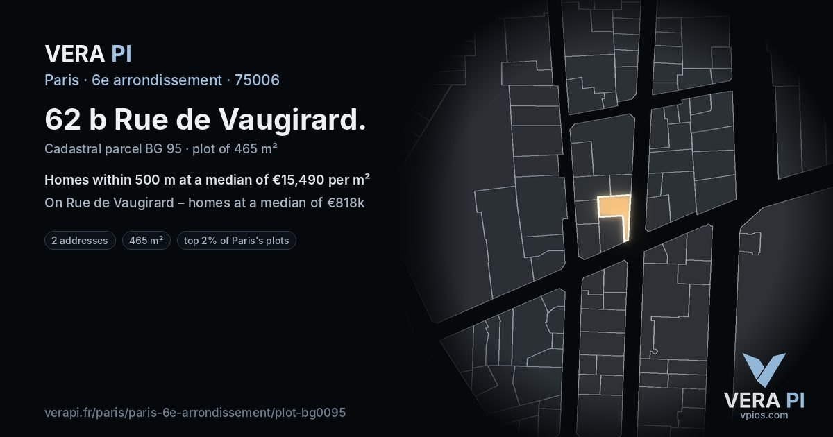 62 b Rue de Vaugirard, 6e arrondissement at night – the plot lit, the parcels around coloured by the prices near them