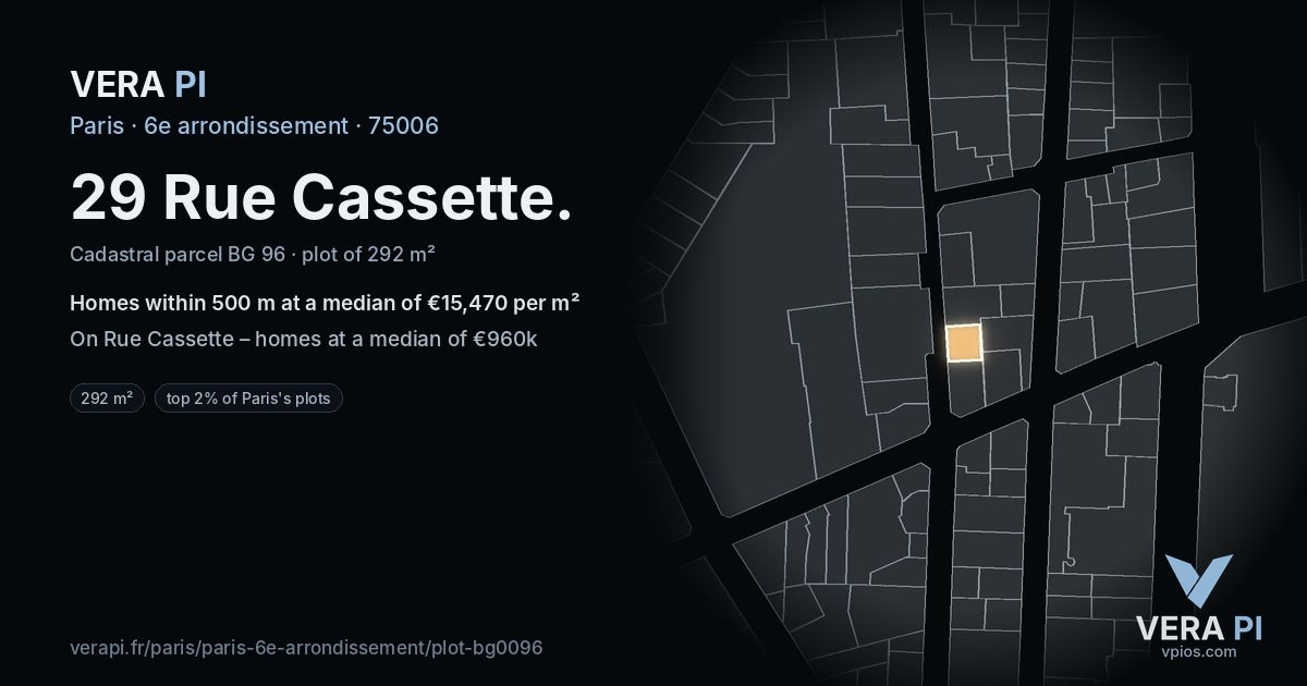 29 Rue Cassette, 6e arrondissement at night – the plot lit, the parcels around coloured by the prices near them
