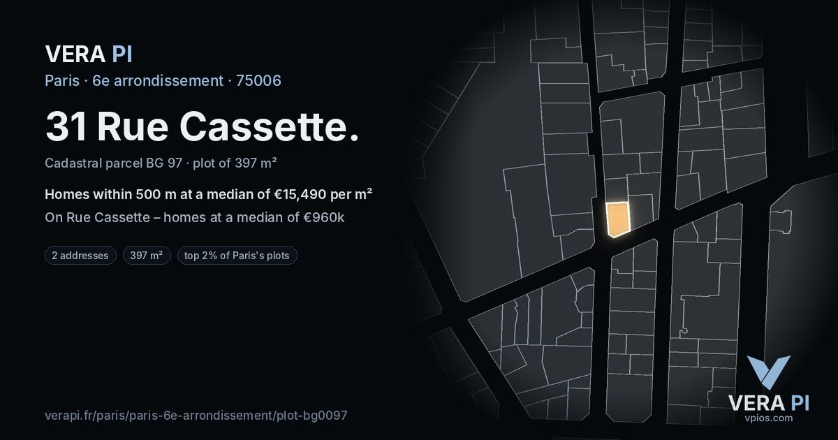 31 Rue Cassette, 6e arrondissement at night – the plot lit, the parcels around coloured by the prices near them