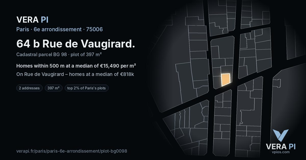 64 b Rue de Vaugirard, 6e arrondissement at night – the plot lit, the parcels around coloured by the prices near them