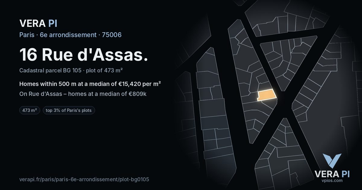 16 Rue d'Assas, 6e arrondissement at night – the plot lit, the parcels around coloured by the prices near them