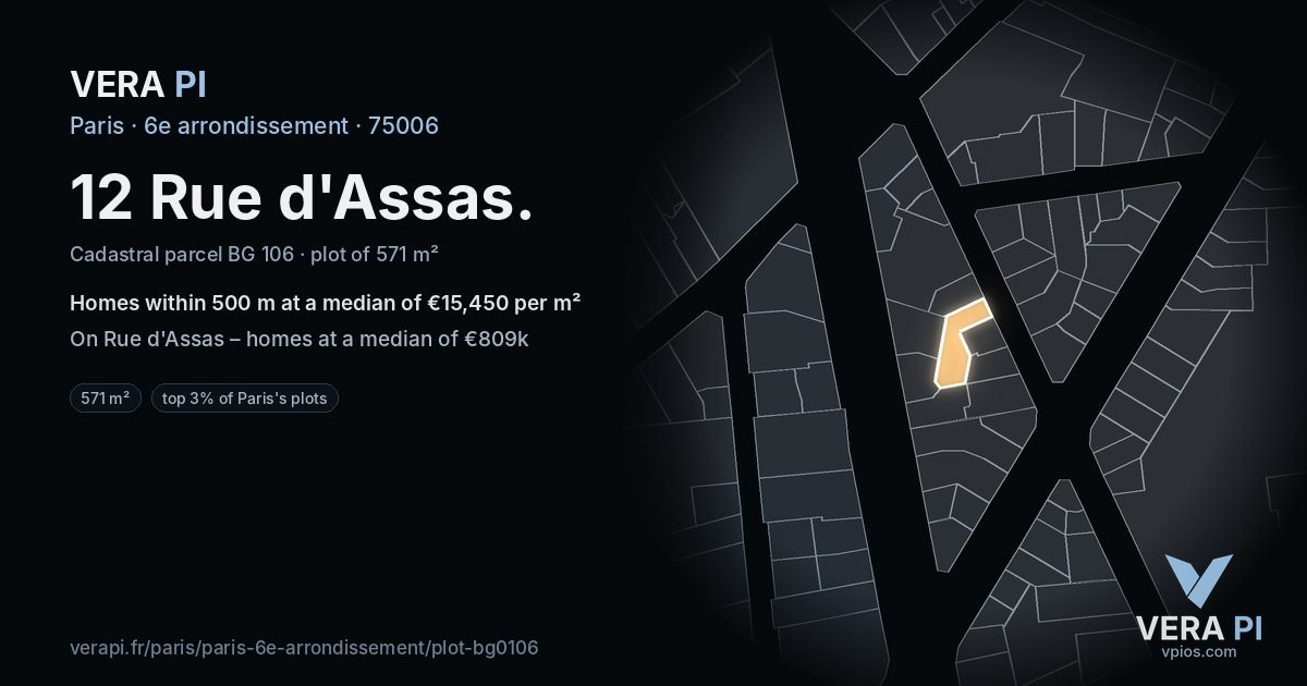 12 Rue d'Assas, 6e arrondissement at night – the plot lit, the parcels around coloured by the prices near them