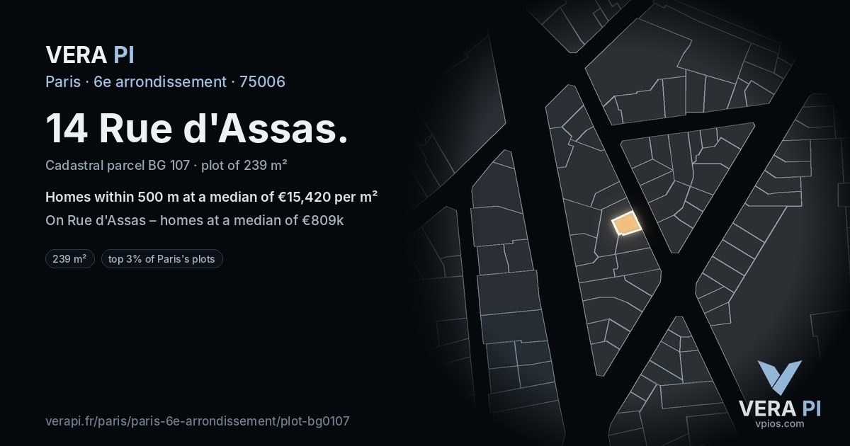 14 Rue d'Assas, 6e arrondissement at night – the plot lit, the parcels around coloured by the prices near them